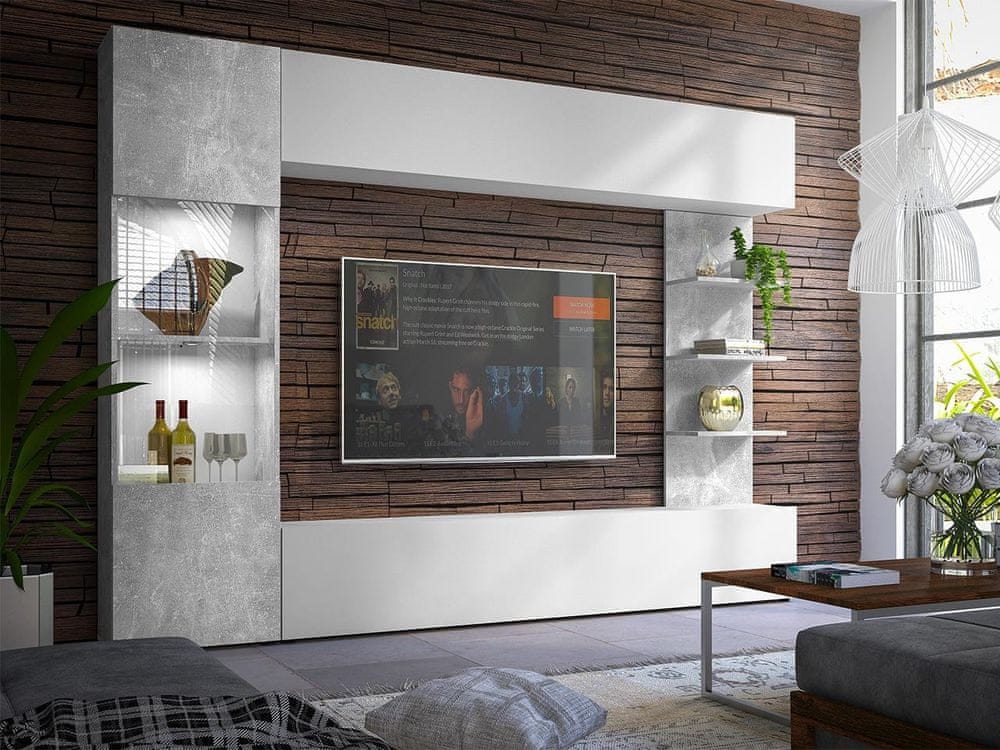 Veneti Moderná obývacia stena s LED osvetlením FORDE - betón / biela